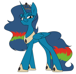 Size: 2452x2383 | Tagged: safe, artist:moonatik, imported from derpibooru, oc, oc only, oc:blue sky, alicorn, pony, alicorn oc, crown, high res, horn, jewelry, peytral, princess, raffle prize, regalia, simple background, smug, solo, tiara, transparent background, wings