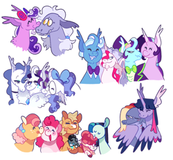 Size: 3500x3240 | Tagged: safe, artist:babypaste, artist:goatpaste, imported from derpibooru, applejack, coloratura, pinkie pie, rarity, screwball, starlight glimmer, trixie, twilight sparkle, oc, oc:bunny hop, oc:happy daze, oc:majesty, oc:raspberry pie, oc:scroll flame, oc:sleepy pie, oc:splat pie, oc:twinkle wish, oc:vanity, alicorn, earth pony, hybrid, pegasus, pony, unicorn, adopted offspring, applepie, baby, baby pony, bowtie, curved horn, female, glasses, hat, high res, horn, hug, lesbian, magical lesbian spawn, magical threesome spawn, male, mother and child, mother and daughter, mother and son, multiple parents, offspring, parent:applejack, parent:coloratura, parent:pinkie pie, parent:pokey pierce, parent:princess luna, parent:rarity, parent:screwball, parent:starlight glimmer, parent:trixie, parent:twilight sparkle, parent:unnamed oc, parents:canon x oc, parents:pokeyball, parents:rarajackpie, parents:startrix, parents:twiluna, polyamory, rara, rarajack, rarajackpie, shipping, simple background, startrix, top hat, twilight sparkle (alicorn), white background, winghug, wings