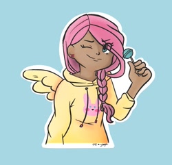 Size: 1517x1464 | Tagged: safe, artist:colourmyworldrainbow, imported from derpibooru, fluttershy, human, blue background, candy, clothes, dark skin, eye clipping through hair, female, food, hoodie, humanized, lollipop, moderate dark skin, one eye closed, simple background, sweater, sweatershy, winged humanization, wings, wink