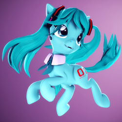 Size: 2160x2160 | Tagged: safe, alternate version, artist:psfmer, imported from derpibooru, kotobukiya, earth pony, pony, 3d, anime, bowtie, collar, female, gradient background, hatsune miku, headphones, high res, kotobukiya hatsune miku pony, looking up, mare, microphone, pigtails, ponified, revamped ponies, simple background, smiling, solo, source filmmaker, vocaloid