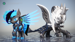 Size: 3840x2160 | Tagged: safe, artist:phoenixtm, imported from derpibooru, oc, oc:atrina, oc:phoenix stardash, alicorn, cyborg, original species, 3d, armor, blender, blender cycles, ceikraill, high res, kiricony, looking at camera, minigun, spread wings, verucavia: new age, watermark, weapon, wings