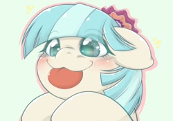 Size: 2048x1430 | Tagged: safe, artist:kurogewapony, imported from derpibooru, coco pommel, earth pony, pony, :3, :p, blushing, cocobetes, cute, female, floppy ears, large tongue, mare, mlem, silly, smiling, solo, sparkly eyes, tongue out, wingding eyes
