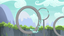 Size: 1280x720 | Tagged: safe, imported from derpibooru, screencap, the washouts (episode), background, electricity, jewelry, mountain, no pony, ring, scenic ponyville