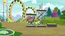 Size: 1280x720 | Tagged: safe, imported from derpibooru, screencap, the washouts (episode), background, crushinator jaws of smashalot, no pony, obstacle course, saw, scenic ponyville, the washouts, trampoline