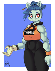 Size: 1347x1739 | Tagged: safe, artist:pantheracantus, imported from derpibooru, oc, oc only, oc:ruituri nox, anthro, amputee, clothes, ear piercing, earring, female, hoodie, jewelry, muscles, muscular female, piercing, pin, ponytail, prosthetic limb, prosthetics, simple background, the world ends with you, tight clothing, wide hips, wristband