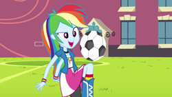 Size: 1920x1080 | Tagged: safe, imported from derpibooru, screencap, rainbow dash, equestria girls, equestria girls (movie), female, football, soccer field, solo, sports