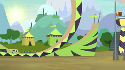 Size: 1280x720 | Tagged: safe, imported from derpibooru, screencap, the washouts (episode), background, bear trap, bleachers, mountain, no pony, pine tree, ramp, scenic ponyville, speaker, sun, swimming pool, tent, tree