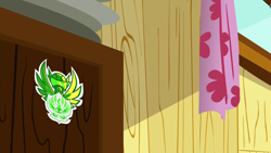 Size: 1280x720 | Tagged: safe, imported from derpibooru, screencap, the washouts (episode), background, clubhouse, crusaders clubhouse, curtains, liminal space, no pony, scenic ponyville, sticker, the washouts, window