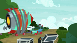 Size: 1280x720 | Tagged: safe, imported from derpibooru, screencap, the washouts (episode), background, box, bush, cloud, rocket, scenic ponyville, scooter, tree