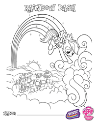 Size: 1500x1875 | Tagged: safe, imported from derpibooru, rainbow dash, pegasus, pony, bird's eye view, cloud, coloring page, high angle, ponyville, rainbow, rainbow power, sparkles, stock vector, sun