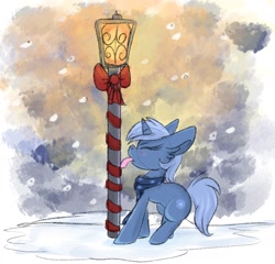 Size: 2134x2050 | Tagged: safe, artist:lbrcloud, artist:littleblackraencloud, imported from derpibooru, oc, oc only, oc:double colon, pony, unicorn, bow, christmas, clothes, eyes closed, female, high res, holiday, lamppost, pulling, scarf, silly, silly pony, snow, snowfall, solo, stuck, tongue out, tongue stuck to pole, winter