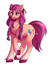 Size: 1212x1522 | Tagged: dead source, safe, artist:birdbiscuits, imported from derpibooru, sunny starscout, earth pony, pony, braided pigtails, coat markings, female, frown, g5, mare, raised eyebrow, raised hoof, simple background, socks (coat markings), solo, transparent background, unshorn fetlocks, watermark