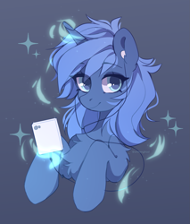 Size: 1857x2181 | Tagged: safe, artist:whiteliar, imported from derpibooru, oc, oc only, oc:double colon, pony, unicorn, bust, chest fluff, earbuds, female, fluffy, headphones, looking at you, magic, mp3 player, not luna, shoulder fluff, simple background, solo, telekinesis