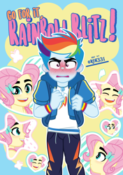 Size: 2808x4000 | Tagged: safe, artist:orin331, imported from derpibooru, fluttershy, rainbow dash, equestria girls, equestria girls series, absurd resolution, backpack, bandaid, blushing, bushy brows, butterblitz, butterscotch, clothes, equestria guys, female, flutterdash, frown, gay, geode of super speed, go for it nakamura!!, high res, laughing, lesbian, magical geodes, male, nervous, open mouth, open smile, pants, rainbow blitz, rule 63, shipping, smiling, sweatpants