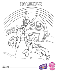 Size: 1500x1875 | Tagged: safe, imported from derpibooru, apple bloom, applejack, apple, applebetes, barn, bow, coloring page, cute, female, food, hair bow, happy, hat, hay, jumping, rainbow, rainbow power, siblings, sisters, sweet apple acres, tree