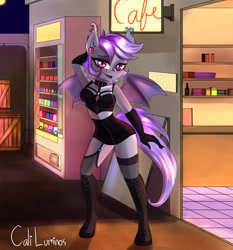 Size: 2778x2978 | Tagged: safe, artist:cali luminos, imported from derpibooru, oc, oc:alium, anthro, bat pony, unguligrade anthro, arm behind head, boots, choker, clothes, cute, ear piercing, earring, evening gloves, female, garter belt, garters, gloves, gothic, high res, jewelry, long gloves, looking at you, open mouth, open smile, piercing, pose, shoes, smiling, socks, stockings, thigh highs