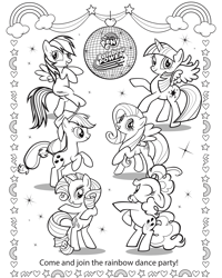 Size: 1500x1875 | Tagged: safe, imported from derpibooru, applejack, fluttershy, pinkie pie, rainbow dash, rarity, twilight sparkle, alicorn, earth pony, pegasus, unicorn, bipedal, cloud, coloring page, dancing, disco ball, hat, heart, lightning, party, rainbow, rainbow power, stars, stock vector
