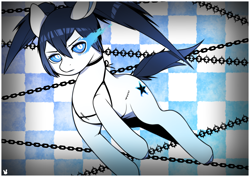 Size: 3508x2481 | Tagged: safe, artist:sugarelement, imported from derpibooru, oc, oc only, oc:checkerboard, earth pony, pony, black rock shooter, blue eyes, blue flames, chains, high res, solo