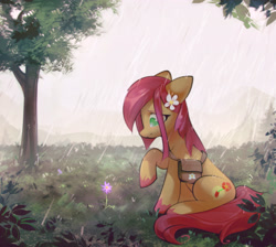 Size: 3497x3139 | Tagged: safe, artist:mirroredsea, imported from derpibooru, oc, oc only, oc:apple bloom, earth pony, pony, fanfic:song of seven, earth pony oc, flower, flower in hair, high res, rain, solo