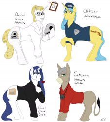 Size: 1280x1415 | Tagged: safe, artist:sunflareworks, imported from derpibooru, oc, oc only, oc:cold case, oc:hewn oak, oc:vitae mortis, oc:wheellock, crystal pony, donkey, unicorn, fanfic:ponyville noire, clipboard, clothes, crystal unicorn, glasses, gun, handgun, lab coat, pipe, pistol, police officer, rosary, scientist, skull, smoking, weapon