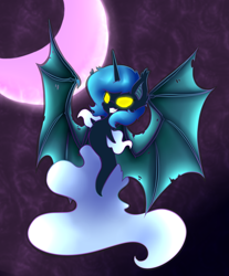 Size: 942x1136 | Tagged: safe, artist:alazak, imported from derpibooru, princess luna, alicorn, bat pony, hybrid, pony, sea pony, bat ponified, bat wings, blue mane, female, filly, fins, fish tail, glowing eyes, grin, lunabat, moon, night, race swap, s1 luna, seaponified, seapony luna, sky, smiling, solo, species swap, spread wings, tail, wings, woona, yellow eyes, younger