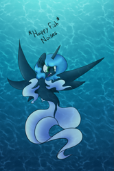 Size: 739x1111 | Tagged: safe, artist:alazak, imported from derpibooru, princess luna, alicorn, hybrid, pony, sea pony, blue mane, crepuscular rays, crown, descriptive noise, female, filly, fins, fish tail, flowing tail, green eyes, jewelry, ocean, open mouth, regalia, s1 luna, seaponified, seapony luna, smiling, solo, species swap, spread wings, sunlight, swimming, tail, underwater, water, wings, woona, younger