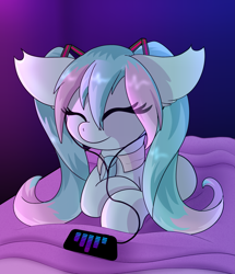 Size: 2817x3280 | Tagged: safe, artist:windykirin, imported from derpibooru, kotobukiya, earth pony, pony, anime, bed, cellphone, earbuds, eyes closed, female, hatsune miku, high res, kotobukiya hatsune miku pony, listening to music, lying down, on bed, phone, ponified, prone, smartphone, solo, vocaloid