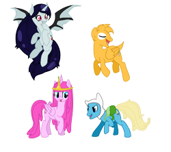 Size: 1413x1255 | Tagged: safe, artist:smilesupsidedown, imported from derpibooru, alicorn, bat pony, bat pony alicorn, pegasus, pony, adventure time, base used, bat ponified, bat wings, eyelashes, female, finn the human, flying, hat, horn, jake the dog, male, marceline, mare, ponified, princess bubblegum, race swap, raised hoof, simple background, smiling, stallion, transparent background, wings