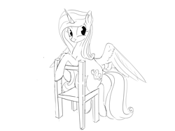 Size: 4000x3000 | Tagged: safe, artist:s.l.guinefort, imported from derpibooru, princess cadance, alicorn, pony, chair, dock, lineart, sketch, smiling, solo