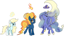 Size: 3274x1832 | Tagged: safe, artist:smilesupsidedown, imported from derpibooru, oc, oc only, alicorn, pegasus, pony, unicorn, alicorn oc, ethereal mane, eye scar, eyes closed, horn, pegasus oc, scar, simple background, starry mane, transparent background, unicorn oc, wings