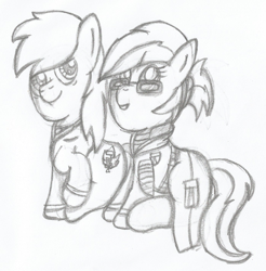 Size: 1397x1419 | Tagged: safe, artist:pegasski, imported from derpibooru, oc, oc only, earth pony, pony, clothes, duo, earth pony oc, eyelashes, glasses, grayscale, lineart, looking up, monochrome, traditional art