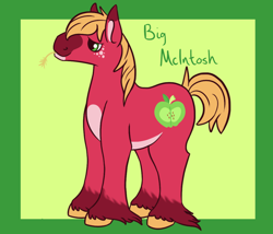 Size: 1750x1500 | Tagged: safe, artist:misskanabelle, imported from derpibooru, big macintosh, earth pony, pony, abstract background, freckles, hoof fluff, male, redesign, signature, solo, stallion, straw in mouth, unshorn fetlocks