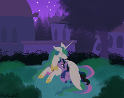 Size: 1750x1391 | Tagged: safe, artist:misskanabelle, imported from derpibooru, princess celestia, oc, oc:velvet shade, alicorn, pony, eyes closed, female, horn, male, mare, night, nuzzling, offspring, outdoors, parent:king sombra, parent:princess celestia, parents:celestibra, peytral, signature, stallion, stars