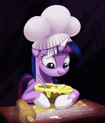 Size: 1181x1382 | Tagged: safe, artist:taneysha, edit, twilight sparkle, pony, unicorn, a health of information, /mlp/, adorkable, baking, batter, bowl, chef's hat, cute, dork, female, food, hat, mare, rolling pin, scene interpretation, smiling, solo, toque, twiabetes, wingless, wingless edit