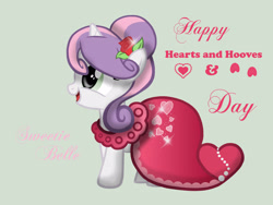 Size: 2828x2121 | Tagged: safe, artist:miesmauz, imported from derpibooru, sweetie belle, pony, unicorn, alternate hairstyle, beautiful, clothes, dress, female, filly, flower, flower in hair, gray background, heart, hearts and hooves day, holiday, mare, rose, simple background, text, valentine's day