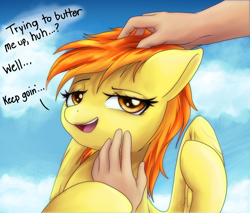 Size: 2000x1700 | Tagged: safe, artist:andromailus, spitfire, human, pegasus, pony, dialogue, female, human on pony petting, lidded eyes, mare, offscreen character, open mouth, petting, wings