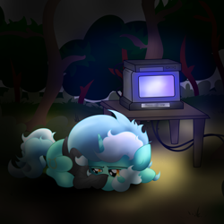 Size: 4921x4921 | Tagged: safe, artist:background basset, imported from derpibooru, lyra heartstrings, pony, unicorn, clothes, dig the swell hoodie, dvd player, female, hoodie, lying down, prone, sad, solo, table, television