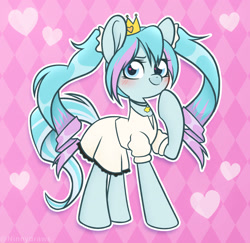 Size: 2267x2204 | Tagged: safe, artist:ninnydraws, imported from derpibooru, kotobukiya, pony, anime, clothes, crown, dress, floating heart, hatsune miku, heart, heart eyes, high res, jewelry, kotobukiya hatsune miku pony, pigtails, ponified, raised hoof, regalia, solo, vocaloid, wingding eyes