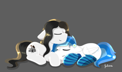 Size: 1651x970 | Tagged: safe, artist:julie25609, imported from derpibooru, oc, oc:chocolate fudge, oc:winter white, earth pony, pegasus, clothes, cuddling, cute, flower, flower in hair, fluffy, socks, stockings, thigh highs