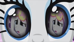 Size: 1280x720 | Tagged: safe, artist:rarityvrymercollectiveoriginals, artist:rarityvrymerzhmusic, editor:rarity vrymer collective, imported from derpibooru, screencap, rarity, magical mystery cure, sisterhooves social, carousel boutique, eye reflection, female, reflection, sleep mask