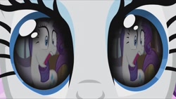 Size: 1280x720 | Tagged: safe, artist:rarityvrymercollectiveoriginals, artist:rarityvrymerzhmusic, editor:rarity vrymer collective, imported from derpibooru, screencap, rarity, magical mystery cure, sisterhooves social, carousel boutique, eye reflection, female, open mouth, reflection