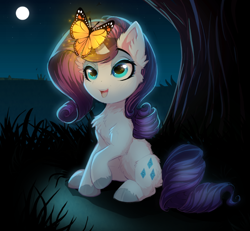 Size: 800x738 | Tagged: dead source, safe, artist:lucid-guardian, imported from derpibooru, rarity, butterfly, insect, pony, unicorn, butterfly on horn, chest fluff, commission, cute, ear fluff, female, glow, glowing, happy, horn, leg fluff, mare, moon, night, raribetes, sitting, smiling, solo, tree, unshorn fetlocks, weapons-grade cute