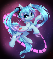 Size: 1000x1103 | Tagged: safe, artist:cabbage-arts, imported from derpibooru, kotobukiya, earth pony, pony, anime, female, grin, hatsune miku, headphones, kotobukiya hatsune miku pony, mare, necktie, ponified, raised hoof, raised leg, smiling, solo, vocaloid