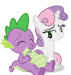 Size: 387x404 | Tagged: safe, edit, editor:luckyjay7, imported from derpibooru, vector edit, spike, sweetie belle, dragon, pony, unicorn, owl's well that ends well, belly, big belly, duo, eyes closed, fat, fat spike, female, filly, looking sideways, male, shipping, simple background, sitting, spikebelle, straight, stuffed, stuffed belly, transparent background, vector