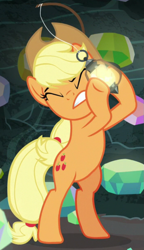 Size: 527x915 | Tagged: safe, imported from derpibooru, screencap, applejack, earth pony, pony, dragon dropped, bipedal, cropped, eyes closed, lantern, solo, stick