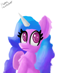 Size: 1489x1800 | Tagged: safe, artist:llamalauncher, imported from derpibooru, izzy moonbow, pony, unicorn, chest fluff, ear fluff, eyelashes, g5, raised hoof, signature, simple background, solo, white background