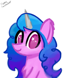 Size: 1737x2100 | Tagged: safe, artist:llamalauncher, imported from derpibooru, izzy moonbow, pony, unicorn, bust, chest fluff, cute, female, g5, izzybetes, looking at you, mare, portrait, signature, simple background, smiling, solo, starry eyes, stars, white background, wingding eyes