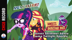 Size: 1920x1080 | Tagged: safe, edit, edited screencap, imported from derpibooru, screencap, sci-twi, sunset shimmer, twilight sparkle, equestria girls, equestria girls series, sunset's backstage pass!, spoiler:eqg series (season 2), chgb record, female, forest, indonesian, lesbian, scitwishimmer, shipping, sunsetsparkle, youtube thumbnail