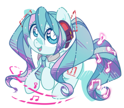 Size: 995x866 | Tagged: safe, artist:yokokinawa, imported from derpibooru, kotobukiya, pony, anime, chibi, hatsune miku, headphones, kotobukiya hatsune miku pony, music notes, necktie, ponified, simple background, vocaloid, white background, white pupils