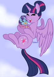 Size: 1676x2400 | Tagged: safe, artist:chelseawest, imported from derpibooru, twilight sparkle, oc, oc:starfire spark, alicorn, pony, baby, baby pony, cuddling, female, flying, mama twilight, mother and child, mother and daughter, offspring, pacifier, parent:flash sentry, parent:twilight sparkle, parents:flashlight, petalverse, tied hair, twilight sparkle (alicorn)